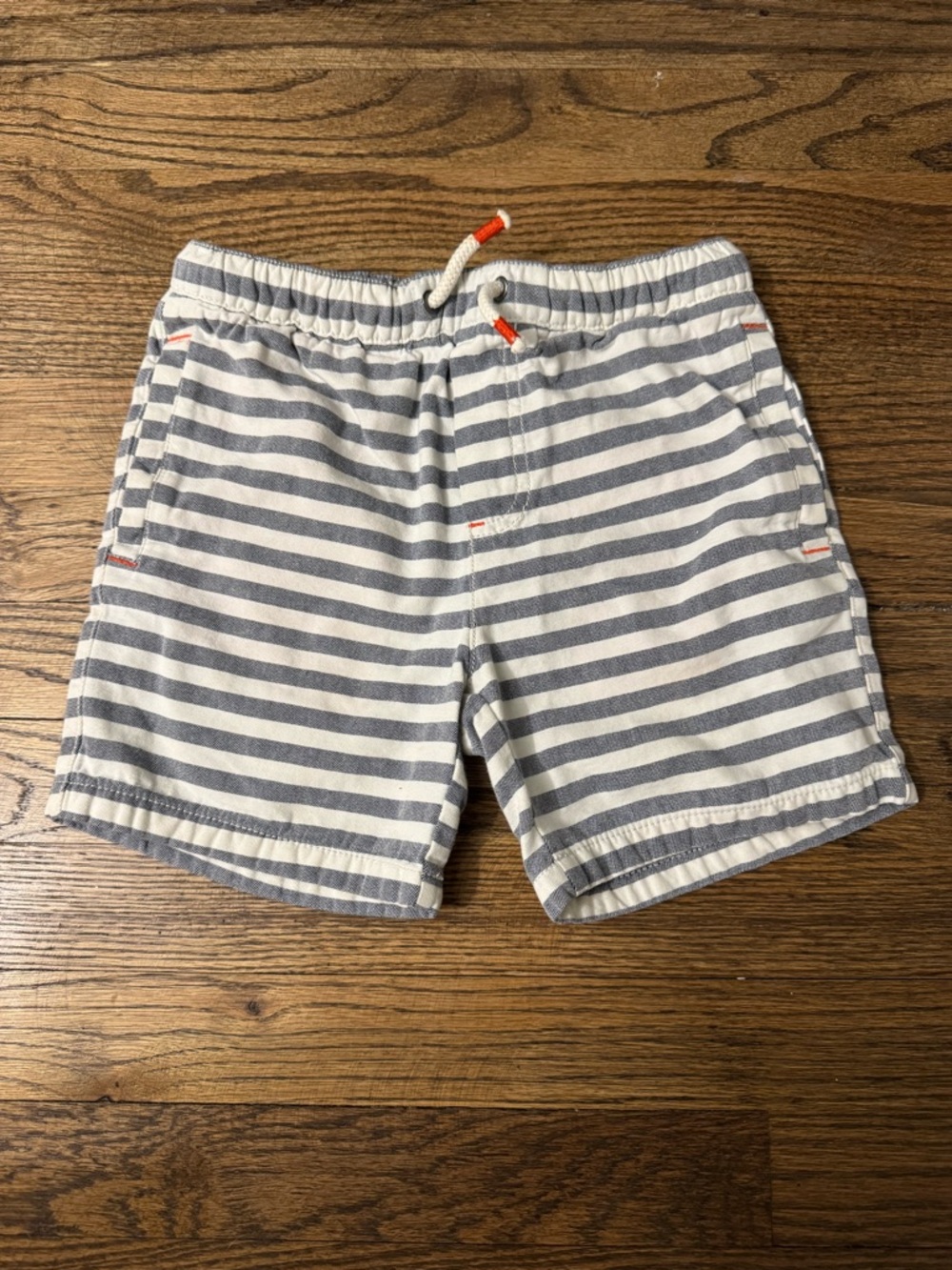 Mini Boden Blue and White Striped Drawstring Athletic Shorts with Orange Accents